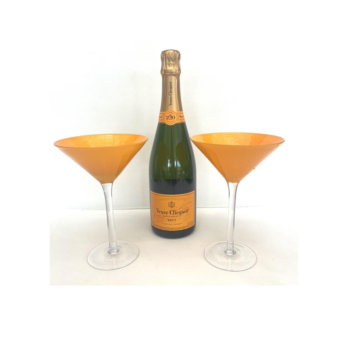 Set of 2 MARTINI GLASS CHAMPAGNE Couple Glasses, Yellow Orange, 7.4" Tall x 5" Wide, Veuve