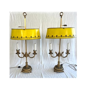 Set of 2 ANTIQUE FRENCH EMPIRE Gilt & Bronze 2 Arm Bouillotte Lamps, Yellow Tole Shades