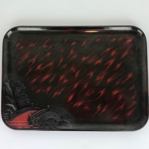 Vintage Set of 12 JAPANESE LACQUER WOOD Sushi Tea Serving Trays, Mid Century 1950s, Asian, 13&quot; x 9&quot;