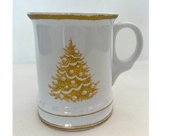 WILLIAMS SONOMA MUG, White & Gold Porcelain Cup, Christmas Tree, 4.5" Tall, 16 oz