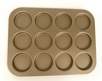 CHICAGO METALLIC MUFFIN Top Cupcake Pan Mold Gold Nonstick Aluminum, 12 Cakes