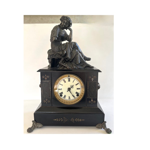 ANTIQUE MANTLE DESK Clock Black Metal Statue Figurine on Top, with Key and Pendulum, Victorian Circa 1800s