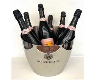 ROEDERER ESTATE CHAMPAGNE Large Polished Stainless Steel Silver Ice Bucket, 6 Bottles, Modern, Round, Authentic
