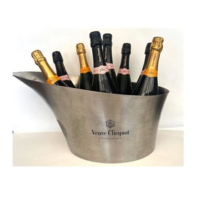 VEUVE CLICQUOT CHAMPAGNE Large Stainless Steel Silver Ice Bucket, 8 Bottles, Modern, Authentic