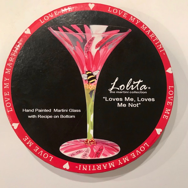 LOLITA Hand Painted Martini Glass Pink "Loves Me, Loves Me Not", New in Box