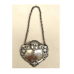 Vintage TURNER & SIMPSON STERLING Silber Whisky Dekanter Flaschenetikett Bacchus Dionysus Grape Vine Whisky
