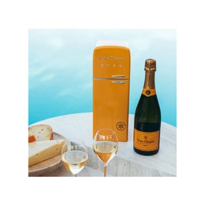 VEUVE CLICQUOT SMEG Fridge with 750 ml Bottle of Brut Champagne, Yellow Refrigerator, Carrier, Box, Tin
