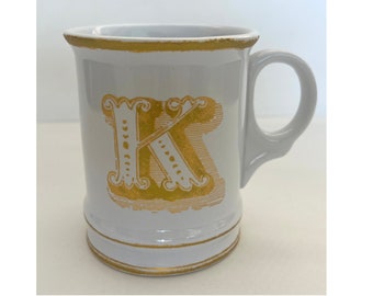 WILLIAMS SONOMA MUG, White & Gold Porcelain Cup, "K" Initial Monogram, 4.5" Tall, 16 oz