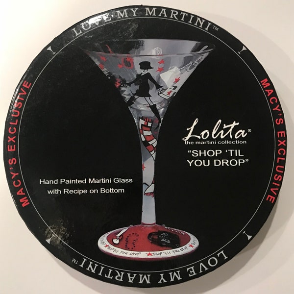 LOLITA Hand Painted Martini Glass "Shop Till You Drop", Red, Black & White, New in Box