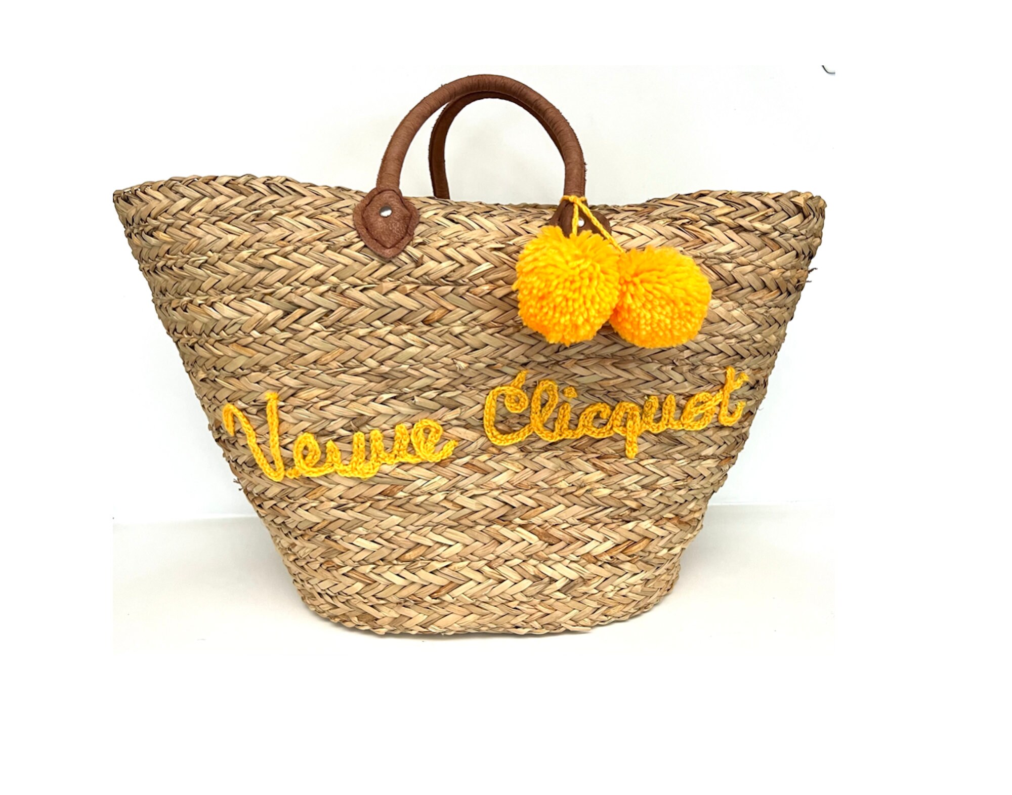 VEUVE CLICQUOT CHAMPAGNE Seagrass Straw Basket Tote Beach Bag, 2 Yellow