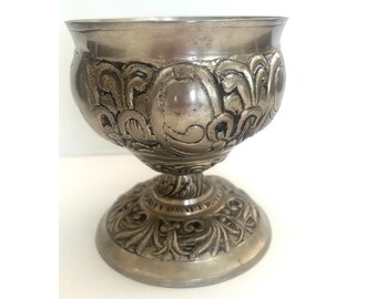 Large VINTAGE PEWTER PEDESTAL Goblet, Serving Bowl, Vase, Acanthus Leaf Design, Heavy, 6&quot; Tall X 5&quot; Diameter