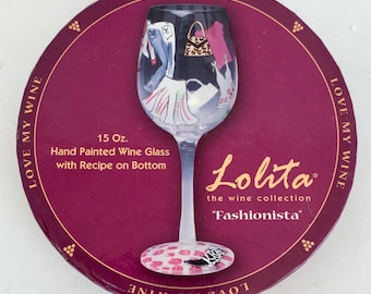 LOLITA Hand Painted Wine Glass "Fashionista", Pink, Gold & White, With Cocktail Recipe, New in Box