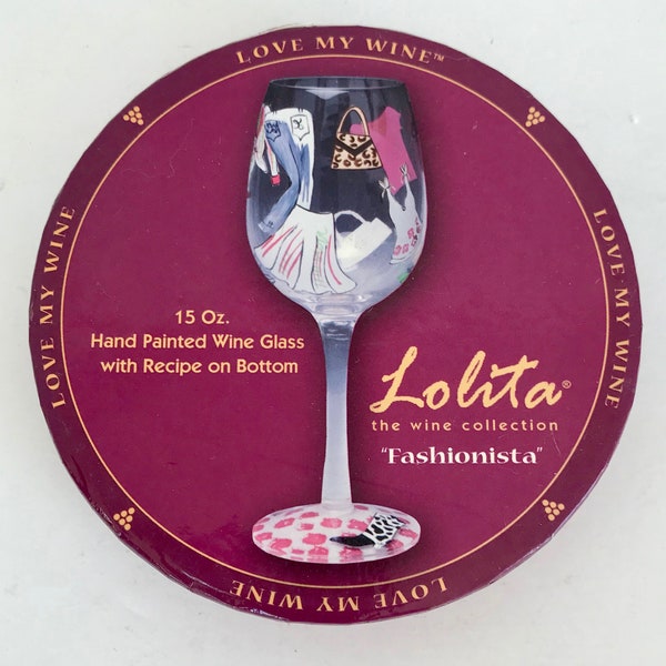 LOLITA Hand Painted Wine Glass "Fashionista", Pink, Gold & White, With Cocktail Recipe, New in Box