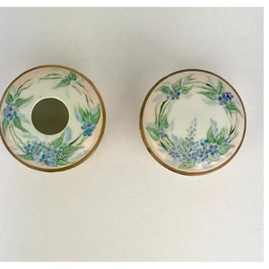 Set of 2 HAND PAINTED BLUE Forget Me Knot Flower Dresser Vanity Bowl Dish, Lid, Vintage Antique