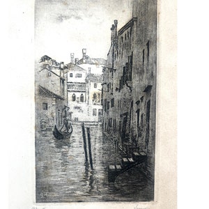 ANTIQUE ITALIAN ETCHING By Luigi Olivetti, Signed, Venezia, Venetian Gondoliers in Venice, 1800&#39;s