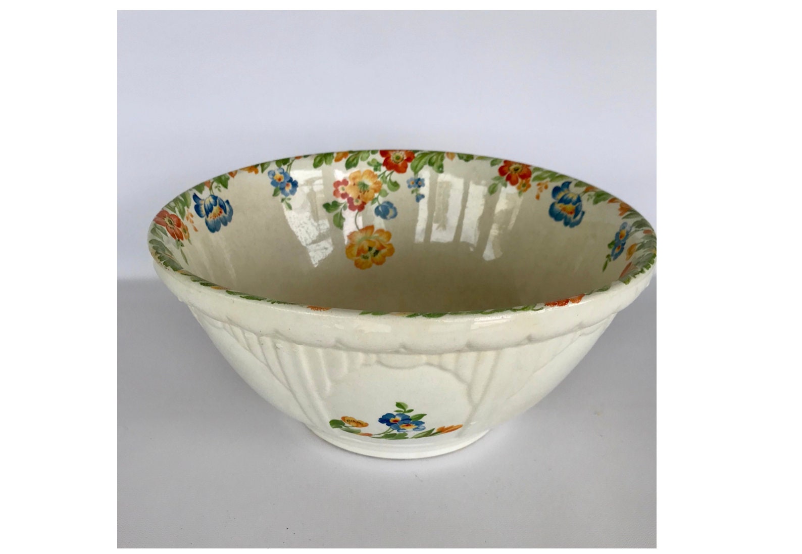 BUNGALOW WARE BOWL, Hand Painted Flowers, 11" Diameter x 5.25" Tall, Vintage