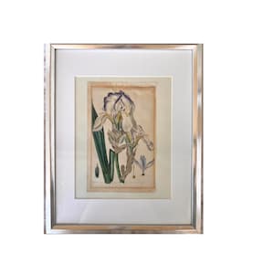F W SMITH  LITHOGRAPH, Botanical Art, Hand Colored Iris Flower, Silver Frame, 1834