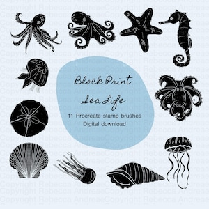 11 Marine Sea Life Procreate Stamps | Hand-drawn block print | Digital Download | octopus, jellyfish, starfish, shells