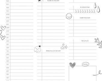 Op de afbeelding: Een zwart-witte dagelijkse planner met een eenvoudig ontwerp. De planner bevat secties voor planning, topprioriteiten, takenlijst voor werk, persoonlijke takenlijst, zelfzorg, waterinname, gewoontetracker, maaltijdplan en notities. De planner bevat ook schattige illustraties van een ster, een vogel, een hart en een vredesteken.