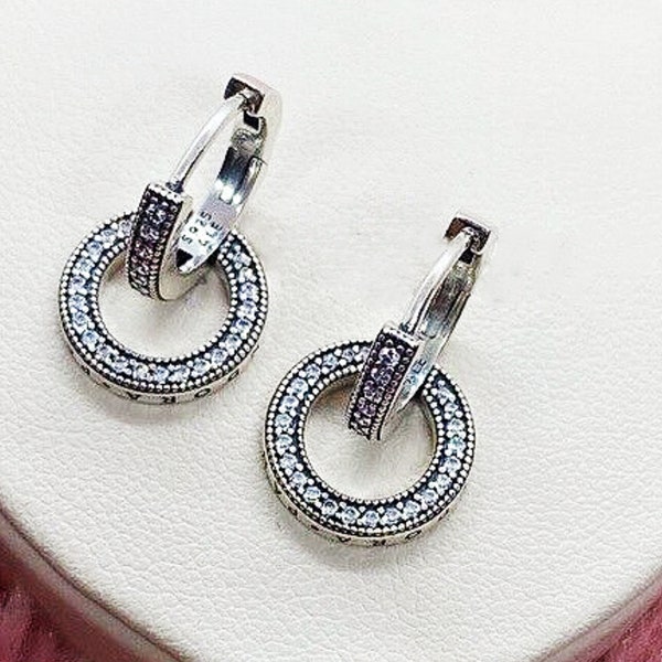 Authentic Pandora 925 Silver Sparkling Double Hoop Circle Earrings 299052C01,Thanksgiving,Mother's Day,Christmas,Valentine's Day gift