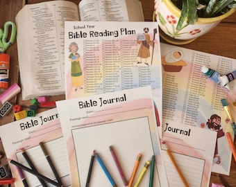 May include: A colorful Bible reading plan with a checklist for each day of the school year. The plan includes books of the Bible like Genesis, Exodus, Psalms, Proverbs, Luke, Mark, and more. There are also two blank Bible journal pages with space for the date, passage read, and artwork inspired by the passage.