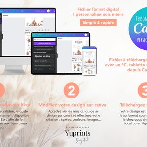 May include: A digital design file for a personalized printable. The image shows a computer screen displaying a design template in Canva, a popular online design platform. The text on the screen says "PERSONALISATION Canva VERSION GRATUITE". The image also shows a smartphone displaying the same design template. The text below the image says "Fichier &agrave; t&eacute;l&eacute;charger et modifier avec un PC, tablette ou Smartphone depuis Canva".