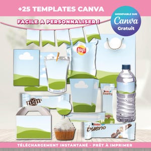 Könnte beinhalten: Eine Sammlung druckbarer Vorlagen mit einem Design aus Himmel und grünen Hügeln, darunter eine Wasserflasche, eine Chipstüte, ein Cupcake und Schokoriegel. Der Text lautet "+25 TEMPLATES CANVA" und "FACILE A PERSONNALISER!" mit einem Canva-Logo.
