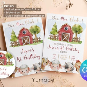 Modèle modifiable d'invitation de fête d'anniversaire animaux de la ferme, invitation anniversaire animaux de la ferme, canva, template