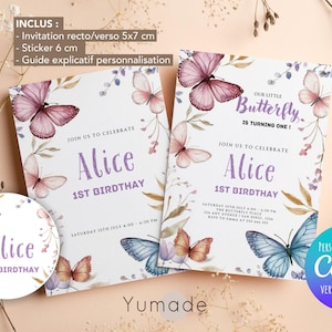 Plantilla de invitación de cumpleaños editable con diseño de mariposa, invitación de cumpleaños con diseño de mariposa femenina, etiqueta, Canva, plantilla