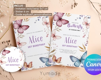 Editable Butterfly Birthday Party Invitation Template, Girly Butterfly Birthday Invitation, Label, Canva, Template