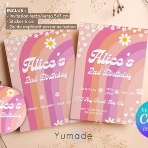Editable template invitation birthday party groovy daisy girly, invitation birthday girly, groovy daisy, canva, template