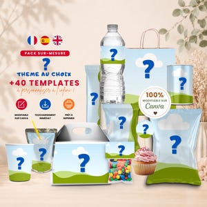 Puede incluir: Un conjunto de plantillas digitales para fiestas con un signo de interrogación azul, nubes blancas y colinas verdes en varios artículos, incluyendo una botella de agua, bolsa de papel, bolsa de snacks, vaso y bolsa de dulces.