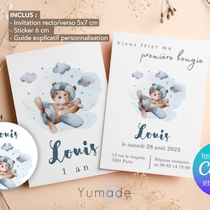 Teddy bear birthday invitation, pastel blue watercolor teddy bear, teddy bear baptism invitation, baby shower invitation, canva template