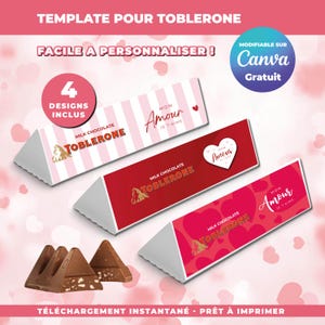 Puede incluir: Imagen promocional con cuatro diseños de barras de chocolate Toblerone. Los diseños incluyen rayas rosas, corazones rojos y un corazón blanco, con el texto "Mon Amour Je t'aime". También aparece el texto "Template pour Toblerone".