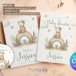Modèle modifiable d'invitation de fête d'anniversaire ourson arc en ciel, invitation baby shower nounours arc en ciel, canva, template