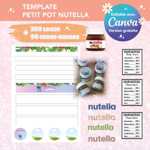 May include: A printable template for small Nutella jars with a blue Stitch character design. The template includes 200 logos and 90 barcodes. The template is editable with Canva and is free to use.