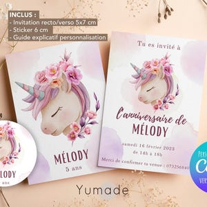 Invitation anniversaire licorne, modèle invitation, anniversaire fille rose, template canva