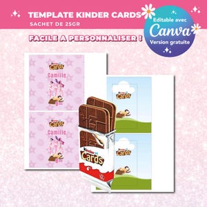 Op de afbeelding: Roze Kinder Cards sjabloon met de tekst "TEMPLATE KINDER CARDS" en "FACILE A PERSONNALISER!". De afbeelding bevat een pak Kinder Cards en voorbeeldkaarten met illustraties en de tekst "Camille". Er is ook een Canva-logo aanwezig.