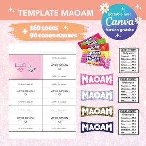 Op de afbeelding: Een printbare sjabloon voor het personaliseren van MAOAM-snoepverpakkingen. De sjabloon bevat 160 logo's en 90 barcodes. De afbeelding toont een roze en witte verpakking met de tekst "MAOAM Alice 7 jaar" en een vlinderontwerp. De sjabloon bevat ook een sectie om je eigen ontwerp toe te voegen.