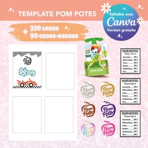 Peut inclure: Un modèle imprimable pour les sachets de fruits Pom Potes avec 330 logos et 90 codes-barres. Le modèle est modifiable avec Canva et comprend un design avec une voiture de course et le nom Leon. Le modèle comprend également un design avec un sachet Pom Potes et le texte "Pomme Nature".