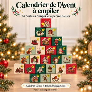 Puede incluir: Un calendario de Adviento apilable con 24 cajas numeradas dispuestas en forma de árbol. Cada caja muestra ilustraciones festivas de casas, animales y motivos navideños. Texto: Calendrier de l'Avent à empiler, 24 boîtes à remplir et à personnaliser, Gabarits Canva + design de Noël inclus, Fichier numérique à imprimer.