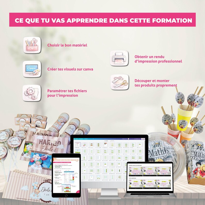 May include: A promotional image with the text "CE QUE TU VAS APPRENDRE DANS CETTE FORMATION". The image showcases various digital devices, including a computer, tablet, and laptop, alongside printed materials, party supplies, and the text "HARIBO Jules".