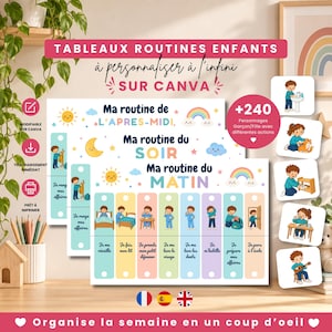 Op de afbeelding: Een set printbare routinekaarten voor kinderen met kleurrijke illustraties van dagelijkse taken. De tekst bevat 'Ma routine de l'APRES-MIDI', 'Ma routine du SOIR' en 'Ma routine du MATIN' met diverse iconen zoals een zon, maan en regenboog.