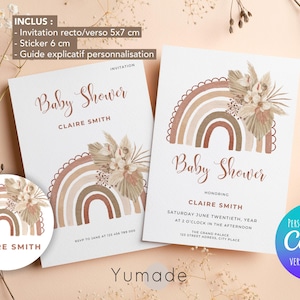 Modèle modifiable d'invitation de fête d'anniversaire arc en ciel bohème, invitation baby bohème, arc en ciel, étiquette, canva, template