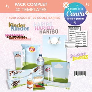 Pack completo 40 Plantillas para packaging - Modelos personalizados haribo, m&m's, kit kat, lay's, kinder - plantilla logo y código de barras canva