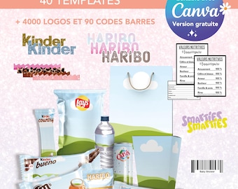 Pack complet 40 Templates pour emballage - Modèles personnalisés haribo, m&m's, kit kat, lay's, kinder - template canva logo et code barres