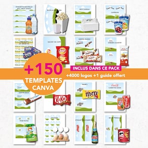 May include: A selection of Canva templates for product labels and packaging. The image showcases designs for items like Capri-Sun drinks, Lay's crisps, Kit Kat bars, and M&M's sweets. The image also includes the text "+150 TEMPLATES CANVA".