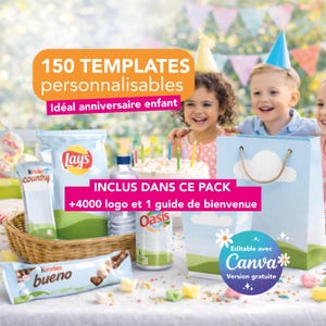 May include: A festive scene with children celebrating a birthday. The image includes a cake with lit candles, party hats, snacks, and a gift bag. Text on the image reads "150 TEMPLATES personnalisables" and "Editable avec Canva".