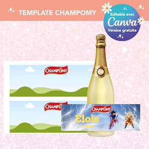 Peut inclure: Deux étiquettes imprimables pour une bouteille de jus de pomme pétillant Champomy. L'étiquette du haut a un design simple avec un ciel bleu, des nuages blancs et des collines vertes. L'étiquette du bas présente un fond bleu avec des éclairs, un dragon jaune et orange, et le texte "Elois Blanc".