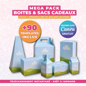 Op de afbeelding: Een verzameling cadeau dozen en tassen in verschillende vormen. De dozen zijn lichtblauw met witte wolken en groene heuvels. De tekst op de afbeelding luidt "MEGA PACK BOITES & SACS CADEAUX" en "+90 TEMPLATES INCLUS". Klaar om te printen.